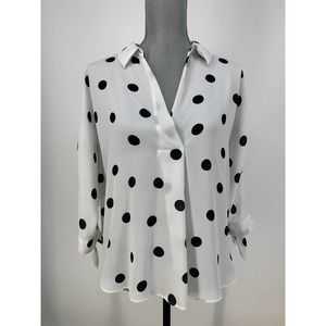 Worthington Womens S White Black Polka-Dot 3/4 Sleeve Sheer V-Neck Blouse